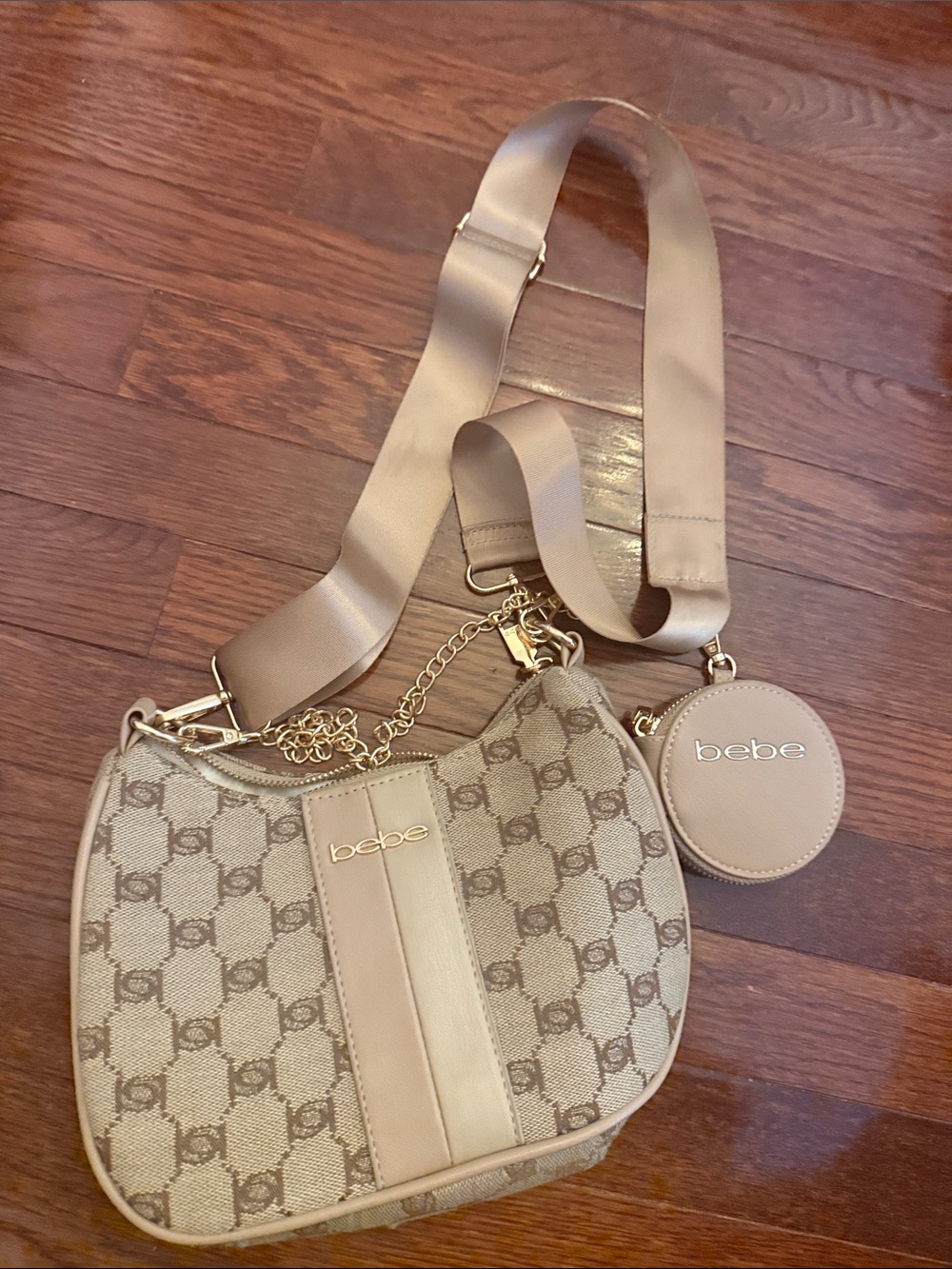 bebe Tan Logo Crossbody with Coin Pouch and Wide Strap